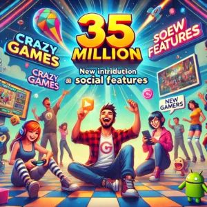 DALLE 2024-06-21 015156 - A vibrant gaming scene with CrazyGames branding highlighting the achievement of 35 million monthly users and the introduction of new social feature - innovaTopia
