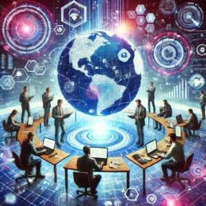 DALLE 2024-06-22 044324 - Illustration depicting a futuristic interconnected multiplayer software development environment Developers collaborating in a virtual space with hol - innovaTopia