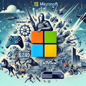 DALLE 2024-06-22 044345 - Illustration of Microsofts acquisition of Activision Blizzard Features elements of both companies gaming icons and a dynamic atmosphere Highlight - innovaTopia