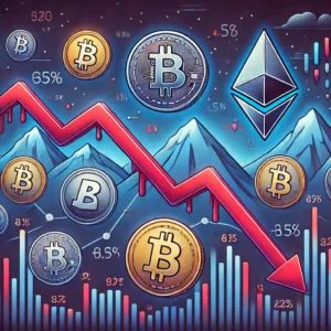 DALLE 2024-06-23 164932 - An illustration depicting altcoin prices plummeting trailing behind Bitcoin and Ethereum The image includes symbols of various altcoins Bitcoin an - innovaTopia
