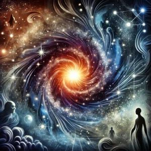DALLE 2024-06-24 041220 - An abstract depiction of the universe with swirling galaxies stars and cosmic dust In the center a bright burst symbolizes the Big Bang Around th - innovaTopia