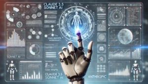 DALLE 2024-06-24 084514 - A futuristic illustration showing a human hand interacting with a holographic interface representing Claude 35 Sonnet AI The interface displays var - innovaTopia