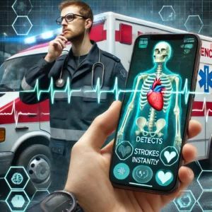 DALLE 2024-06-25 041304 - An image depicting a paramedic using a smartphone with an app that detects strokes instantly The background shows a medical emergency scene with an a - innovaTopia
