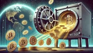 DALLE 2024-06-26 032004 - An illustration of the Bitcoin distribution process by Mt Gox featuring a secure vault opening with bitcoins flowing out symbolizing the start of d - innovaTopia