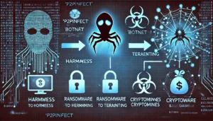 DALLE 2024-06-26 033652 - An illustration of the P2PInfect botnet evolving from harmless to threatening featuring digital elements like ransomware and cryptominers symbolizi - innovaTopia