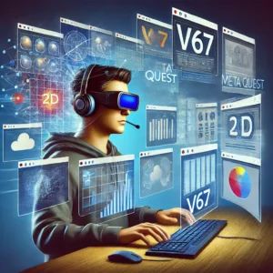 DALLE 2024-06-26 035340 - An illustration of a user working efficiently with multiple 2D windows open in a virtual workspace The Meta Quest headset is prominently displayed s - innovaTopia