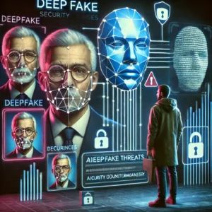 DALLE 2024-06-26 035350 - An illustration depicting the concept of deepfake threats with AI-generated faces blending with real ones The scene includes security measures and di - innovaTopia