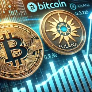 DALLE 2024-06-26 044829 - An image showing Bitcoin and Solana logos prominently The background features a digital graph with an upward trend symbolizing the market rebound an - innovaTopia