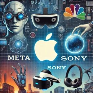 DALLE 2024-06-26 050610 - An image depicting the logos of Apple Meta and Sony In the background there are visuals of XR technology like AR glasses iPhone integration and - innovaTopia