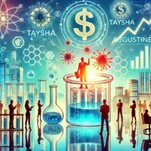 DALLE 2024-06-27 045108 - An illustration of the thriving biotech industry with Taysha and Augustine raising significant funds Show biotech elements financial symbols and la - innovaTopia