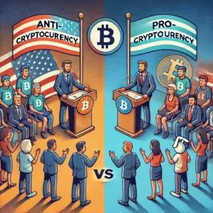 DALLE 2024-06-27 110500 - Illustration depicting a debate between anti-cryptocurrency and pro-cryptocurrency factions with symbolic elements of political discussion and crypto - innovaTopia