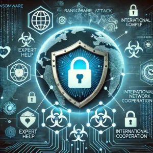 DALLE 2024-06-28 044559 - Ransomware attack prevention with expert help and international cooperation featuring a shield protecting data with global network connections and se - innovaTopia