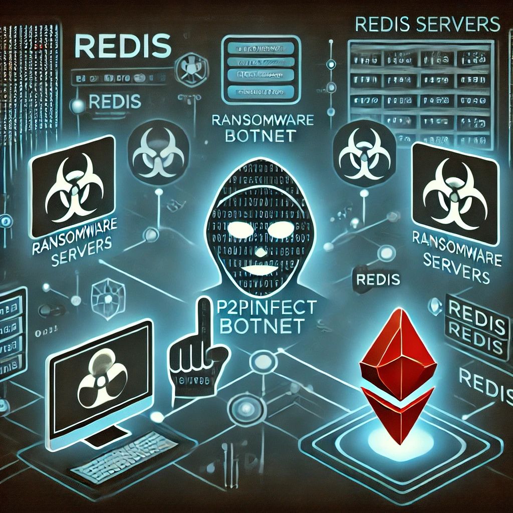 DALLE 2024-06-28 051907 - P2PInfect botnet targeting Redis servers deploying ransomware and miners featuring a network with malware symbols and Redis logo symbolizing the cy - innovaTopia