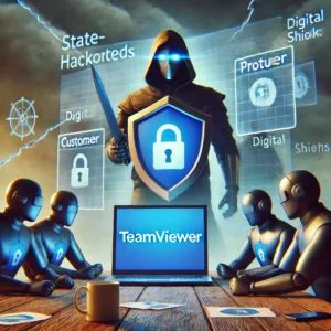DALLE 2024-06-28 165754 - A scene depicting TeamViewer under threat from state-sponsored hackers with a focus on the protection of customer data including digital shields and - innovaTopia