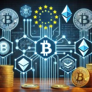 DALLE 2024-06-29 041500 - A digital representation of EU regulations with cryptocurrency symbols indicating the progression of EU crypto asset regulations - innovaTopia