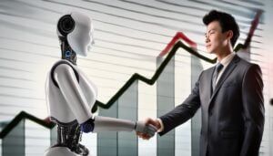 Firefly A robot and a businessman shaking hands in front of a graph showing an upward trend digital - innovaTopia
