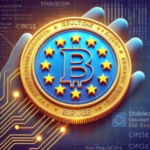 DALLE 2024-07-02 050421 - An illustration of a stablecoin issued under new EU regulations by Circle featuring a digital coin with the EU flag and regulatory symbols - innovaTopia