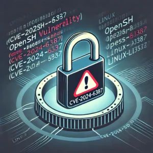 DALLE 2024-07-02 054216 - An illustration highlighting the OpenSSH vulnerability CVE-2024-6387 showing a digital lock being breached and a warning symbol on a Linux backgrou - innovaTopia
