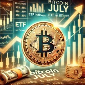DALLE 2024-07-02 183753 - A bullish trend for Bitcoin in July with historical data and ETF inflows indicating market direction showing digital currency symbols upward graphs - innovaTopia