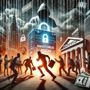 DALLE 2024-07-03 212555 - A dramatic scene showing the fintech industry shaken by a ransomware attack with customer data at risk featuring elements of digital security breach - innovaTopia