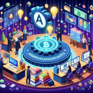 DALLE 2024-07-04 000748 - A scene showing the EDU Chain blockchain focused on education receiving a grant from Arbitrum to drive educational innovation with elements of bloc - innovaTopia