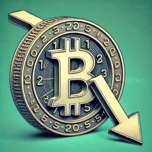 DALLE 2024-07-05 040719 - An illustration of Bitcoin symbol with a downward arrow and a clock showing 2 months representing the drop in value after the release of the Federal - innovaTopia