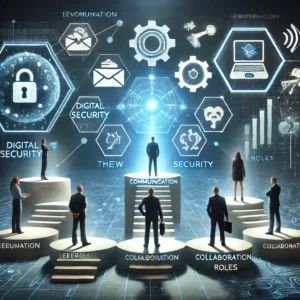 DALLE 2024-07-06 015602 - A scene showing the evolution of cybersecurity with communication as a key factor highlighting the new roles of experts featuring elements of digita - innovaTopia