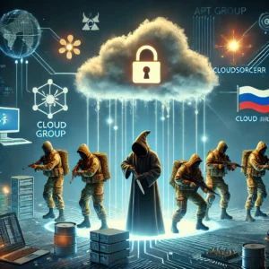 DALLE 2024-07-08 203810 - A scene illustrating a new APT group CloudSorcerer exploiting the cloud to target the Russian government featuring elements of cybersecurity cloud - innovaTopia