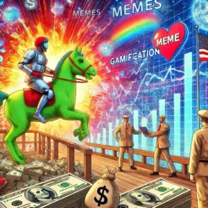 DALLE 2024-07-08 234003 - A vibrant scene showing the impact of memes and gamification leading a new revolution in the financial industry - innovaTopia