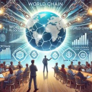 DALLE 2024-07-10 040314 - An illustration of World Chain led by Sam Altman being unveiled to developers shaping the future of blockchain The scene features developers at a co - innovaTopia
