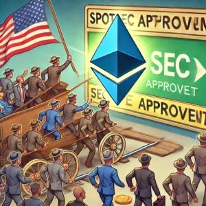 DALLE 2024-07-10 043536 - A scene with an Ethereum logo moving towards SEC approval with investors eagerly watching symbolizing the progress and high interest in the spot Eth - innovaTopia