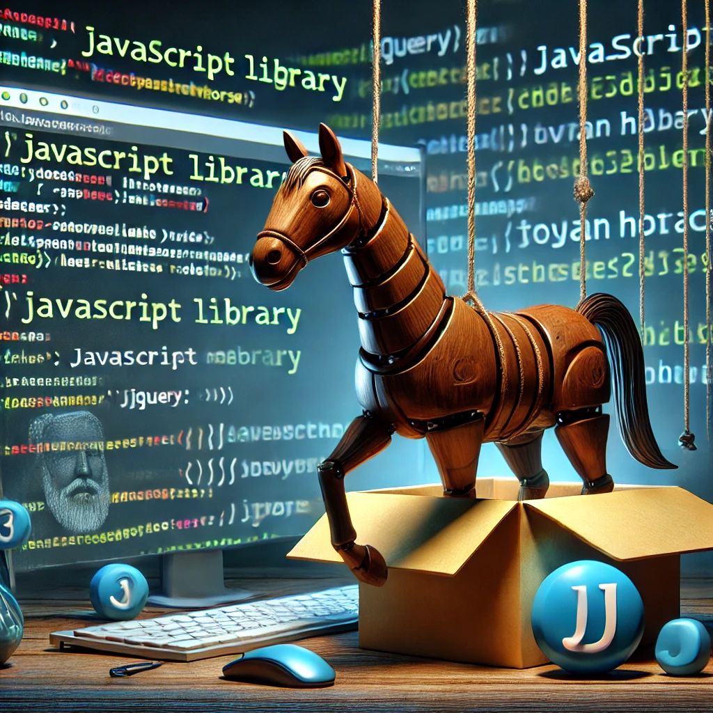 DALLE 2024-07-10 045057 - A scene showing a JavaScript library with a hidden Trojan horse targeting developers with elements of coding and cybersecurity illustrating a sophis - innovaTopia