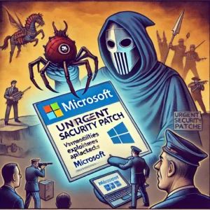 DALLE 2024-07-10 111500 - An illustration showing Microsoft releasing an urgent security patch to address vulnerabilities exploited by attackers - innovaTopia