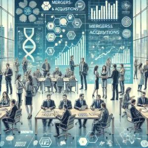 DALLE 2024-07-10 223732 - An illustration showing the bustling activity of mergers and acquisitions in the biotech industry A diverse group of business professionals and scien - innovaTopia