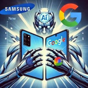 DALLE 2024-07-11 050849 - An illustration depicting a powerful collaboration between Samsung and Google against Apple The image showcases a new foldable device with AI feature - innovaTopia