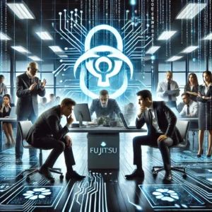 DALLE 2024-07-11 103802 - A dramatic scene showing Fujitsu dealing with a data breach caused by an unknown malware attack The scene should depict a high-tech office with worri - innovaTopia