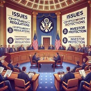 DALLE 2024-07-12 042156 - An illustration of issues emerging in a Senate hearing regarding cryptocurrency regulations and investor protection The scene includes a Senate heari - innovaTopia