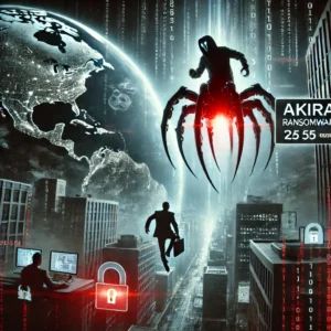 DALLE 2024-07-12 120243 - A dramatic scene showing Akira Ransomware quickly extracting data from over 250 organizations worldwide with a sense of urgency and cyber attack chao - innovaTopia