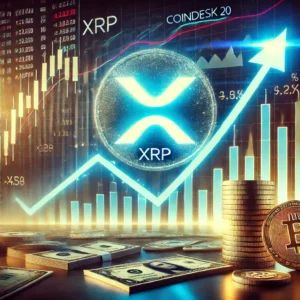 DALLE 2024-07-13 022306 - A dynamic scene showing XRP increasing in value amidst a market downturn highlighting CoinDesk 20s latest trends The background includes stock mark - innovaTopia