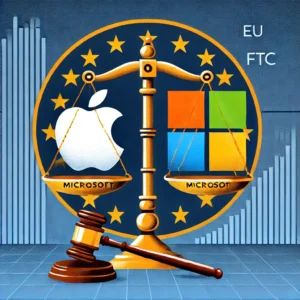 DALLE 2024-07-13 041351 - An illustration showing the logos of Apple and Microsoft with symbols of regulation and law such as scales of justice and gavel The background shoul - innovaTopia