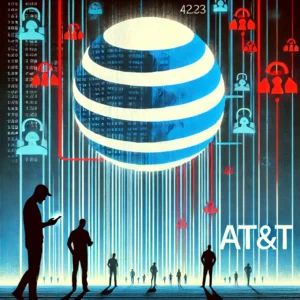 DALLE 2024-07-14 071316 - A large ATT logo with data streams flowing out of it representing a massive data breach In the background there are silhouettes of people symboliz - innovaTopia