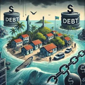 DALLE 2024-07-14 104859 - An illustration depicting a small Caribbean island nation struggling with the vicious cycle of hurricane damage and debt The scene shows a devastated - innovaTopia