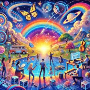 DALLE 2024-07-15 022903 - A vibrant scene depicting the amazing world of VRChat showcasing the fusion of art exploration and music Include various avatars interacting in co - innovaTopia