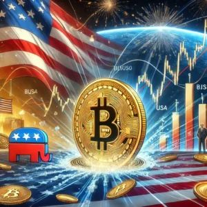 DALLE 2024-07-15 155705 - A dynamic scene showing the impact of the presidential election on Bitcoin prices with Bitcoin surpassing the 200-day moving average creating market - innovaTopia