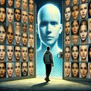 DALLE 2024-07-16 041450 - A digital illustration highlighting privacy invasion through unauthorized use of AI-generated faces The scene shows a person looking at a wall of div - innovaTopia