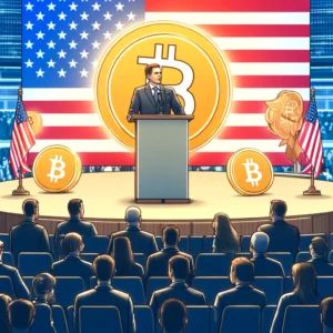 DALLE 2024-07-16 041507 - A digital illustration of an American politician speaking at a Bitcoin conference The scene includes the politician at a podium with Bitcoin symbols - innovaTopia