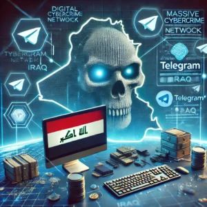 DALLE 2024-07-16 043738 - A digital illustration revealing a massive cybercrime network based in Iraq centered around a Telegram bot The scene shows a computer screen with Te - innovaTopia