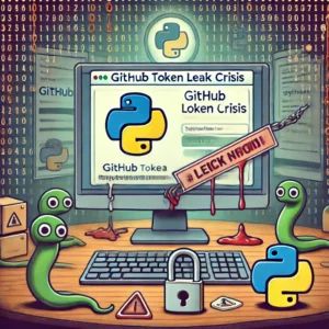 DALLE 2024-07-16 043749 - A digital illustration showing the GitHub token leak crisis affecting the Python ecosystem The scene includes a computer screen with GitHub interface - innovaTopia