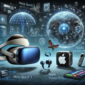 DALLE 2024-07-16 043754 - A digital illustration showing the future of VR_AR with Meta Quest 3 and Apple Vision Pro The scene includes the two headsets with graphical elements - innovaTopia