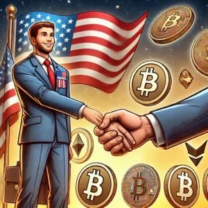 DALLE 2024-07-16 054827 - A digital illustration depicting a political campaign with a focus on cryptocurrency support The scene includes a politician shaking hands with a sup - innovaTopia